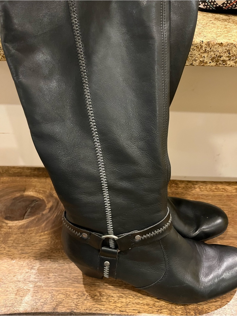 Rieker Black Knee-High Velour-Lined Leather Heeled Boots 41